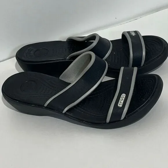 Crocs Women's Black Gray Madeira Wedge Comfort Slip‎ On Slide Sandals Size 5 - Picture 2 of 9